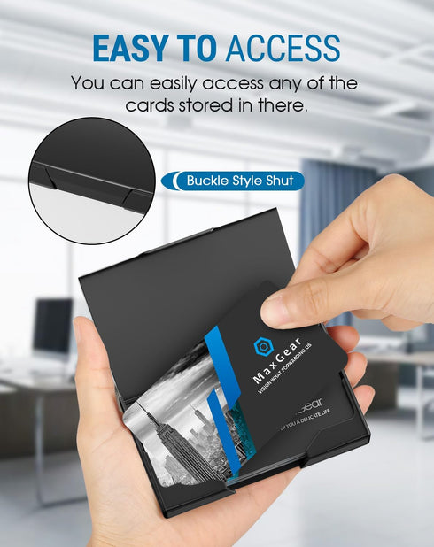 MaxGear Heavy-Duty Metal Business Card Holder - Slim Stainless Steel & ABS Case with Black Titanium Coating