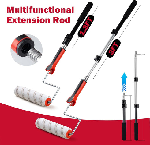 20-Piece 9" 3-Ft Set Mister Rui Paint Roller Kit with Extension Pole, Tray, Liners, Frames, Covers, Brushes, Tape