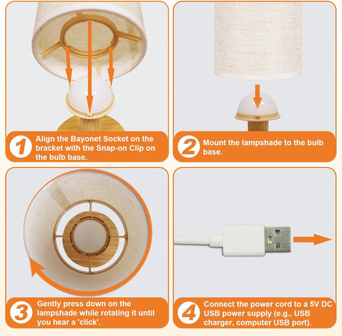 Dimming 2700K 5W 50K Bulb Touch Bedside Table Lamp - Stepless USB Powered, Minimalist Wood Base Linen Shade, Warm Light