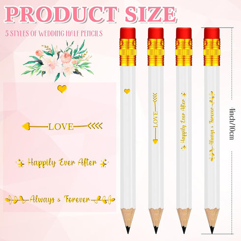 Crtiin 50 Pcs Wedding Pencils for Bridal Shower Half Pencils with Eraser Game Pencils Mini Golf Pencils 4 Inch Short Pocket Pre Sharpened Pencil for Wedding Presents, Classroom, School (White) by Crtiin