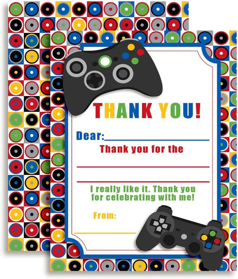 Game On Video Gamer Themed Thank You Notes for Kids - Ten 4" x 5.5" Fill in the Blank Cards with 10 White Envelopes