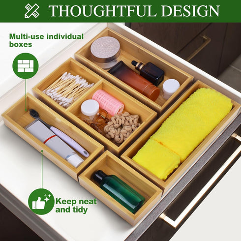 Bamboo Drawer Organizer Set, 5 PCS Multi-Use Individual Wood Storage Organizers for Kitchen, Bathroom, Office