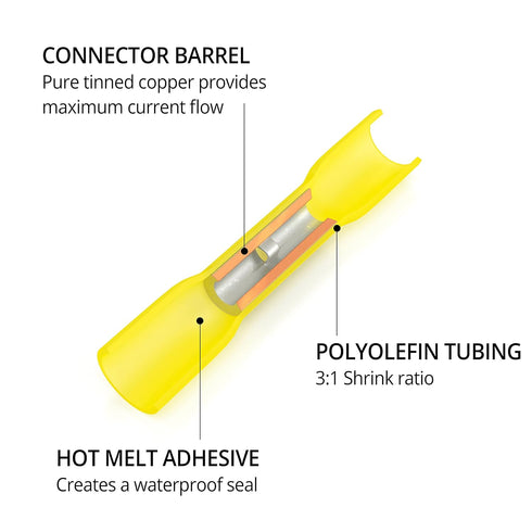 Wirefy 50 PCS Heat Shrink Butt Connectors, Yellow 12-10 AWG - Marine Grade Electrical Waterproof Connectors