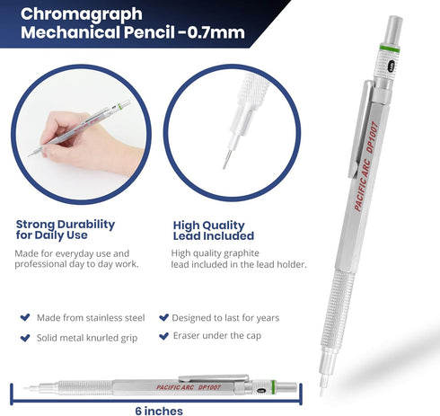 Pacific Arc Chromagraph Metal Mechanical Pencil .7 mm Silver Barrel Mechanical Pencil with Built In Adjustable Pencil Grade, Lead Pencil Holder for Drafting, Sketching, and Drawing by Pacific Arc