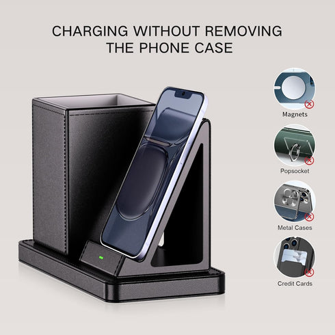 Multi-Functional Pen Holder for Desk,Black Vegan Leather Desk Organizers with Remote Control Holder,Pencil Holder