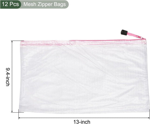 YOKIVE 12 Pack Mesh Zipper Bags, A4 Waterproof Mesh File Pockets for Office Supply (Pink)