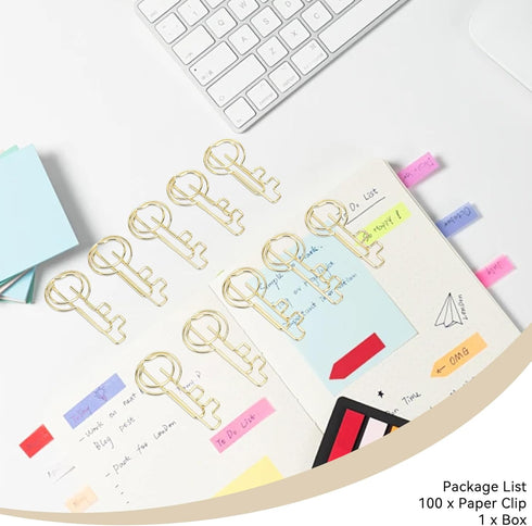 Key Shaped Paper Clips, 100Pcs Metal Bookmark Clips, Gold Wire for Home School Office Document Organizing