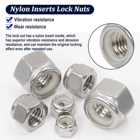 ZQZ 345 Pack 4#40 6#32 8#32 10#24 10#32 12#24 1/4-20 5/16-18 3/8-16 7/16-14 1/2-13, 304 Set SAE Hex Nut & Lock Nuts