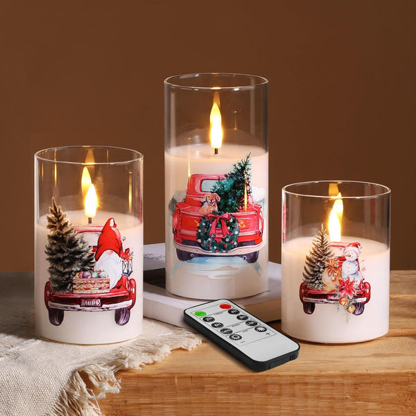 Eywamage Christmas Glass Flameless Candles with Remote, Flickering LED Pillar Candles Holiday