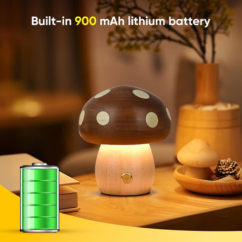 LONRISWAY 2Pack Dimming Wood Small Mushroom Table Lamp, LED Rechargeable Cordless Touch Bedside Lamps, Wireless