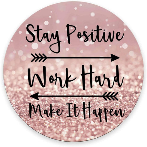 Round Gaming Mouse Pad, Stay Positive Work Hard Inspirational Quotes Art, Rose Gold and Silver Glitter, 7.9 Inch
