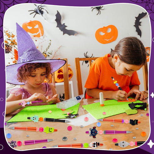 Halloween Beadable Pens, Plastic Bead Pens with 12 Pcs Silicone Beads, Pumpkin Bat Skull for Halloween Gifts