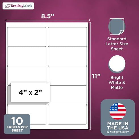 NextDayLabels – 4” x 2” White Rectangular Sticker Labels for Printer - Shipping Labels (25 Sheets, 10 Per Sheet, 250