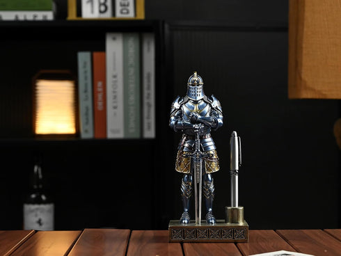 Knight Pen Stand Decoration, Resin Pen Holder Art Craft Paperweight for Desktop Organizer, Gifts for Boyfriend,