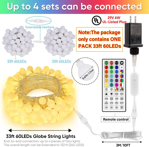 33FT 24 60 128 OMIKA Connectable Globe String Lights Indoor, Color Changing Fairy Lights Plug in with Remote, LEDs