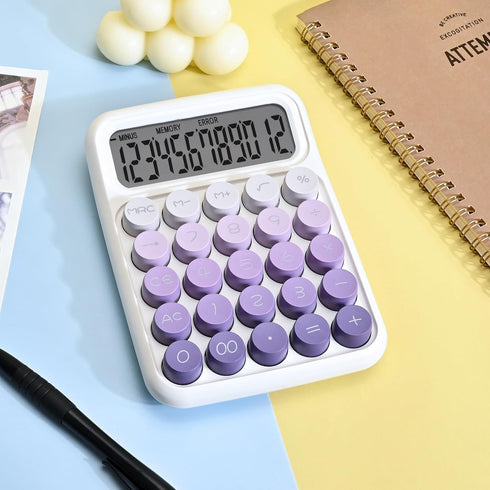 Cute Desktop Mechanical Calculator with 12 Digits Large LCD Display, Big Buttons for Office Home School (Purple)