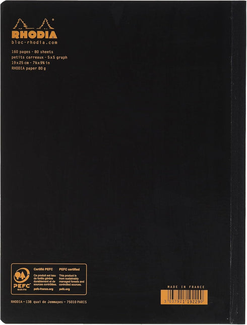 Rhodia 119229C - Flexible Notebook Cloth Back Composition Book Black - B5 - Small Squares - 160 pages - White Clairefontaine Paper 80 g/m - Classic