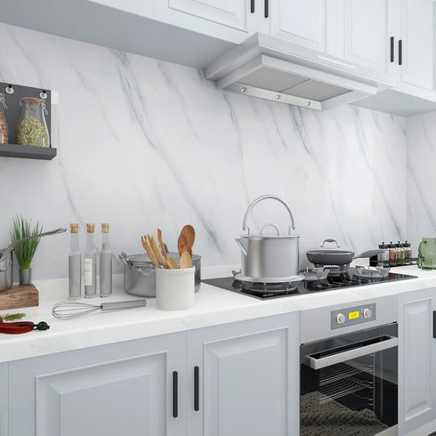 JSEVEM Grey White Marble Wallpaper, 15.74" 118.11" Self Adhesive Removable Decor for Kitchen Countertop