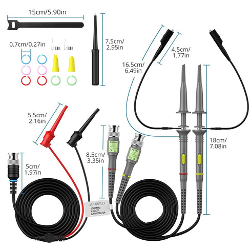 AUTOUTLET P6100 Universal Oscilloscope Probe with Accessories Kit - 100MHz Clip Probes with BNC to Minigrabber Test Lead