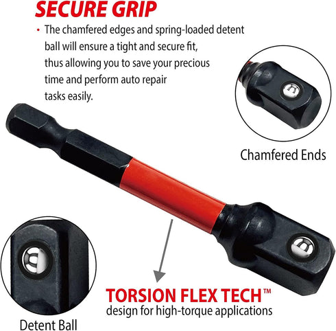 Big Red Power Drill Socket Adapter Set - 3pcs 1/4", 3/8", 1/2", Hex Shank Drill Bit Extension from Chrome Vanadium