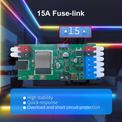 ESP32 4 15A WS2811 WS2812 WS2815 SK6812 WLED RGB IC LED Strip Controller Channel Outputs Fuse Mic Sound Dynamic Lights