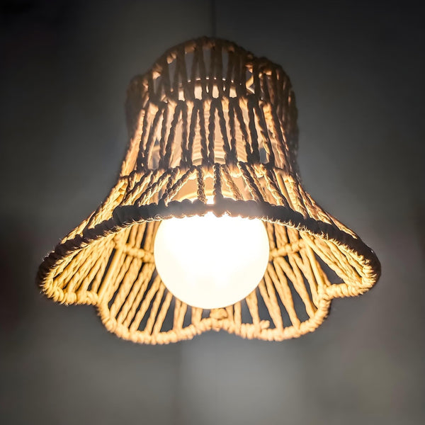 Boho Woven Rattan Pendant Light Shade - Handwoven Paper Rope Bell Shape