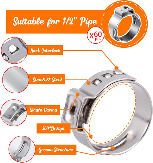 80PCS Stainless Steel Pex Cinch Clamp Rings 1/2inch plus 3/4inch Half Clamp J-Hook with Nails for Pex Tubing Pipe