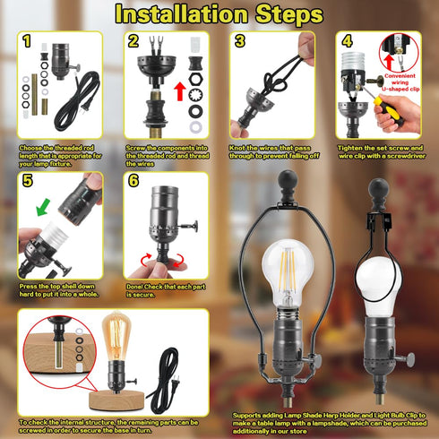 Asjeumt 12 Set E26 Lamp Rewire Kit Lamp Socket Replacement Kits Foot Matching Cord Plug with All Essential Hardware
