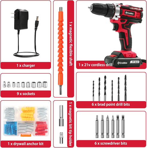 Set 21v 84pcs 3/8" 2 Cordless Drill Power Drill Cordless With Battery & Charger, Accessories Electric Drills Variable