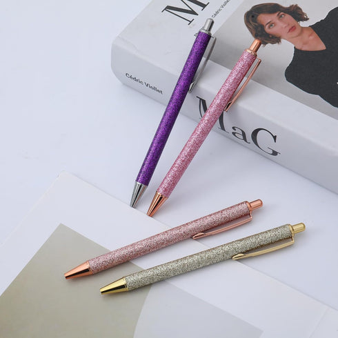 Fun Sparkle Fancy Ballpoint Pen for Women, Cute Sparkly Click Metal Pens, Retractable Multicolor Pen for Journaling