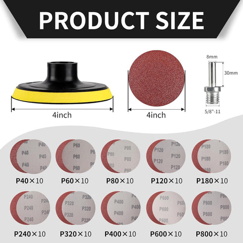 100PCS Angle Grinder Sanding Discs and 4 Inch Hook and Loop Backing Pad (5/8-11 Threads) with 8MM Drill Adapter, Angle Grinder Attachments for Sanding Polishing 40-800 Grits