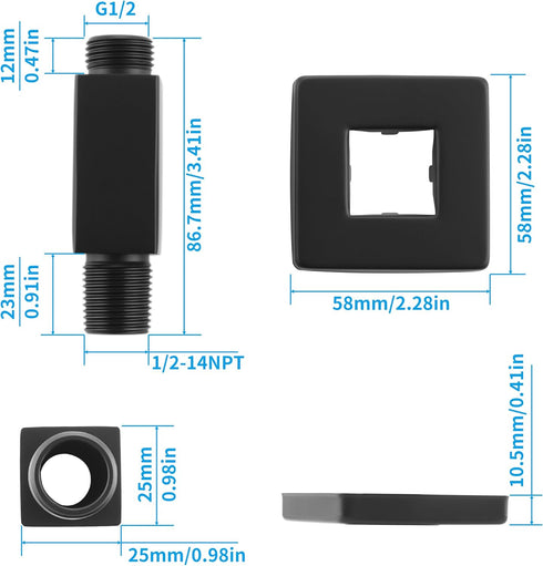 Straight Shower Arm with Flange Ceiling Mount for Fixed Shower Head, 3 Inch Rainfall Extension, Matte Black