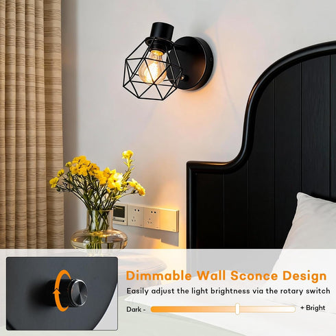 Dimmer LG9933941 Lightess Black Wall Sconce with ON Off Switch, Adjustable Head Vintage Cage Wall Mount Light Fixture