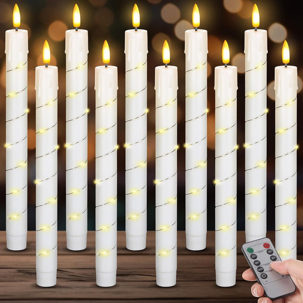 Rossesay 10 Pcs LED Flameless Taper Candles with String Light and Remote