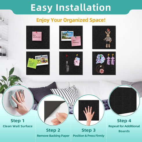 Large Cork Board for Walls, 12 Pack Black Felt Wall Tiles, 47"x35" with Push Pins & Sticky Tabs