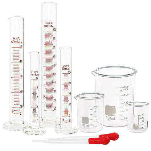 SUPERLELE Glass Graduated Cylinder Set, 10ml, 25ml, 50ml, 100ml, Thick Glass Beaker Set with 2 Droppers.