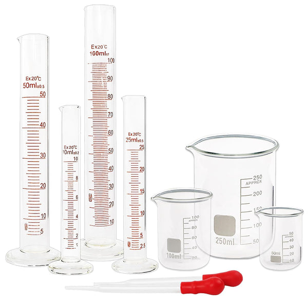 SUPERLELE Glass Graduated Cylinder Set, 10ml, 25ml, 50ml, 100ml, Thick Glass Beaker Set with 2 Droppers.