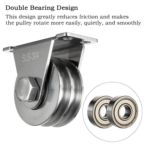 Heavy Duty Double Groove Cable Fixed Pulley Block, Stainless Steel, Bearing Inside, 2 Pack for Lifting System