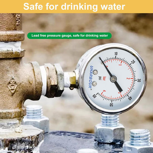 Lead-Free Water Pressure Gauge Liquid Filled 60 Psi 2" Dial, Stainless Steel Case, 1/4" NPT