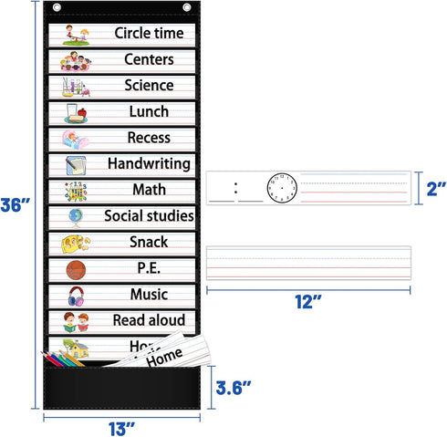 Daily Schedule Pocket Chart, 13+1 Pocket Visual Schedule Chart, 18 Double-Sided Blank Reusable Dry-Eraser Cards