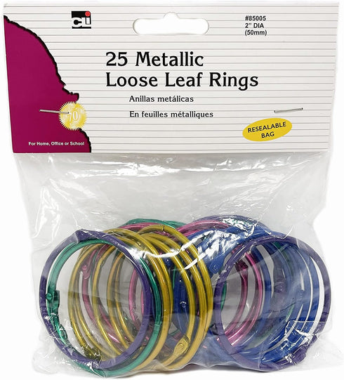 Charles Leonard Metallic Loose Leaf Rings, 2" Diameter, Assorted Metallic Colors, 25 per Bag (85005)