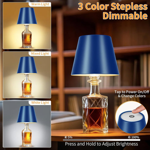 3 Dimmable, 5H 48H Rechargeable Wireless Bottle Lamp - Color Stepless Metallic Blue Lampshade, Bright Light or Soft