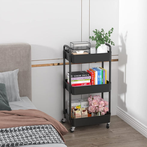 Sywhitta 3-Tier Black Plastic Rolling Utility Cart with Handle, Movable Storage Trolley for Office, Kitchen, Living Room