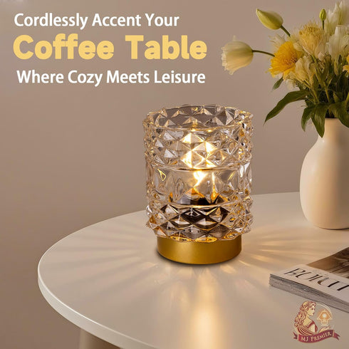 MJ PREMIER Battery Operated Lamp with Timer, Cordless Table Lamps for Shelf Decor, Rhombus Texture Aesthetic Crystal