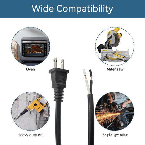 14 Gauge Replacement Power Cord, 2 Prong 6.46Ft Cable for Appliance, NEMA 1-15P 110V 115V 120V Pigtail