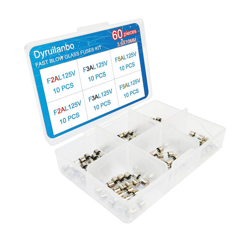 Dyruilanbo 3.6x10mm 2A 3A 5A 125V 0.14x0.39Inch Lights3 60PCS Mini Fuse Fast-Blow Glass Fuses Assortment Kit Christmas