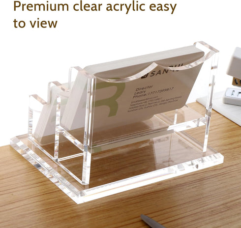 SANRUI Business Card Holder for Desk, Clear Acrylic Horizontal Business Card Display Stand with 2 Slots