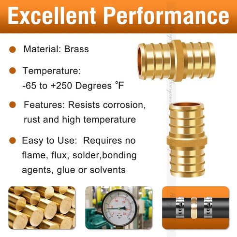 3/4 inch PEX Straight Fitting, Brass Coupling for Water Pipes, 20 pcs with Crimp Ring