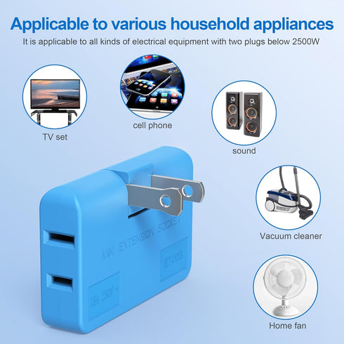 Flat Wall Plug Adapter AC Outlet Extender, 2-Prong Swivel Mini Indoor Wall Tap Plug, Type A, Blue (2 Pack)