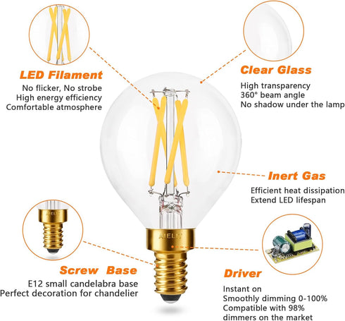 G15 Bulb, 4W(40-Watt 3000K, E12 Dimmable Bulbs 6-Pack LED Filament Equivalent), Soft White Base LED Light for Pendant